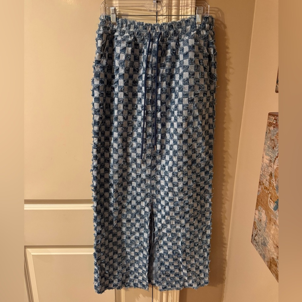 Blue Checkered Maxi Skirt with Side Slit - Picture 4 of 6